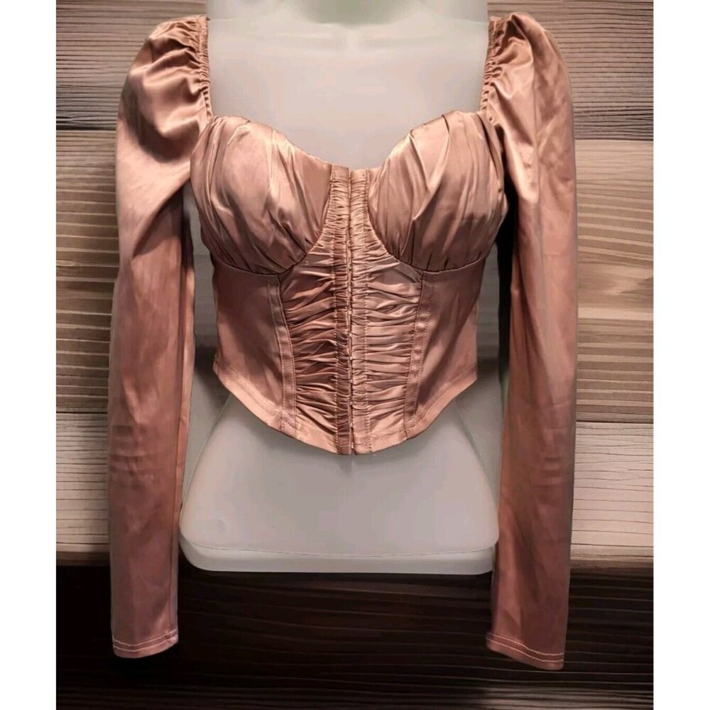 Blush Pink Long Sleeve Bustier Crop Top Front Hook Windsor Sz S Coquette